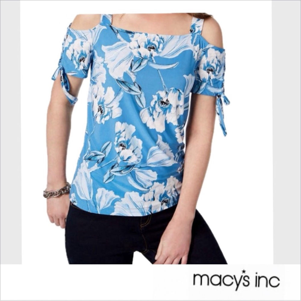 INC lace up cold shoulder blue flower top-M